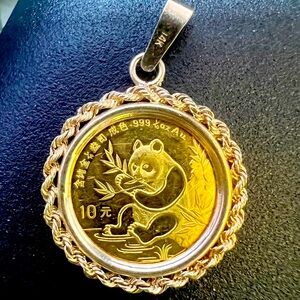 🛑SOLD🛑1991 Small Date Yellow Gold Panda 10 Yuan 1/10 oz Gold in 14k Gold Bezel
